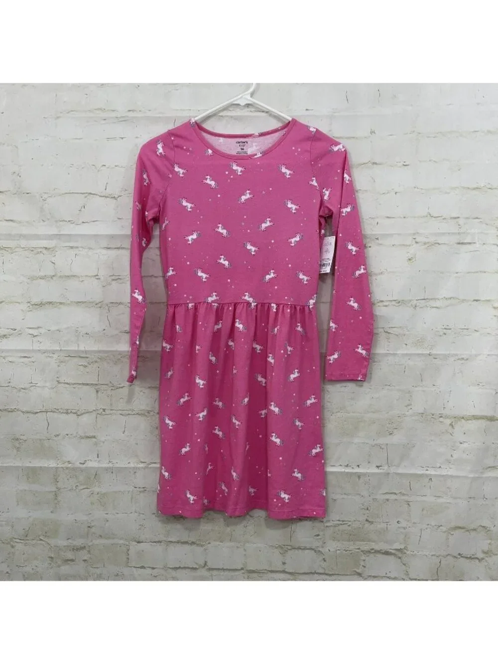 Carter’s Girls Pink Unicorn Print Star Glitter Long Sleeve Dress